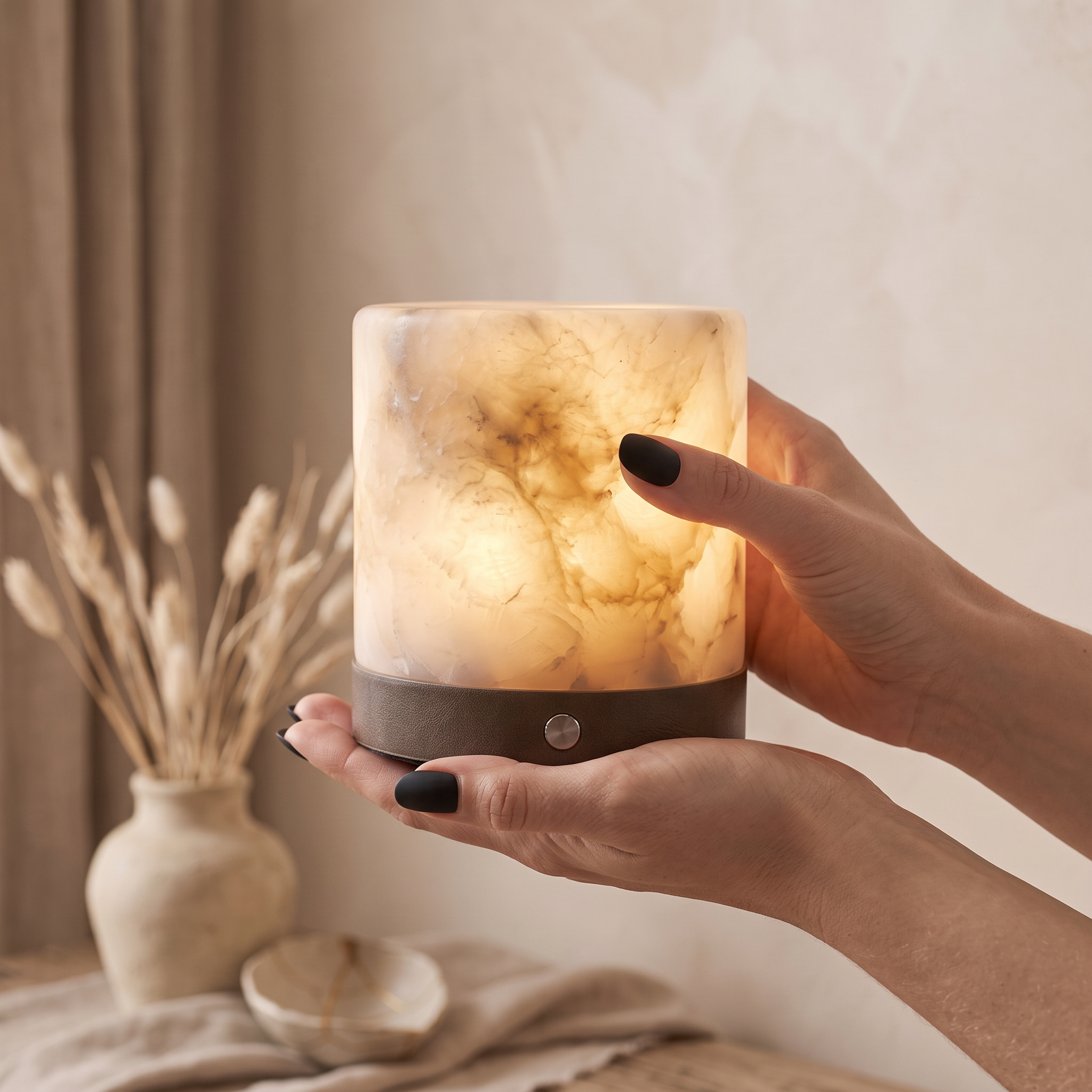 灯火 Tōka · Flame Light - Alabaster Lamp, cylinder, size M