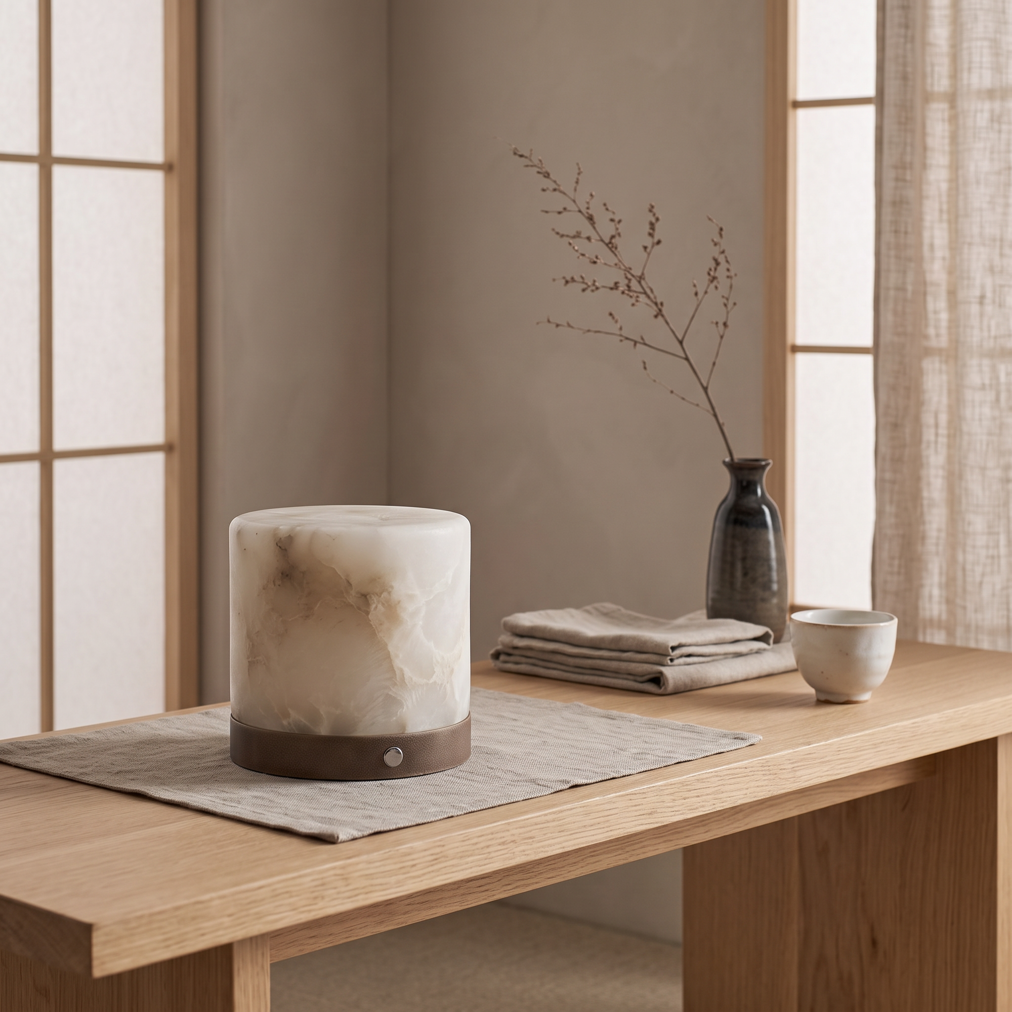 灯火 Tōka · Flame Light - Alabaster Lamp, cylinder, size M